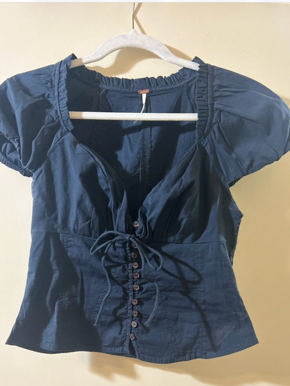Free People Navy Puff-Sleeve Button Front Top XS